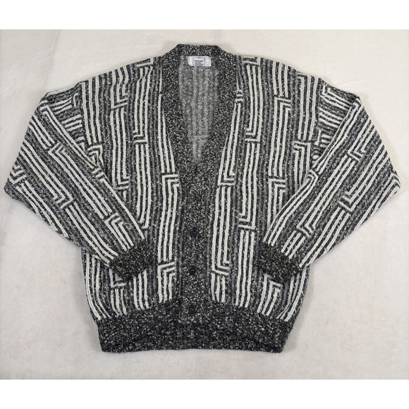 Vintage Jed Medium Geometric 80s Cozy Grandpa Sweater Cardigan Black & White - Picture 1 of 10